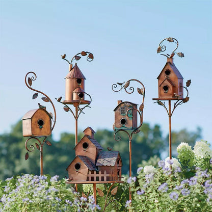 Metal Birdhouse Garden Stake Outdoor Yard Decor