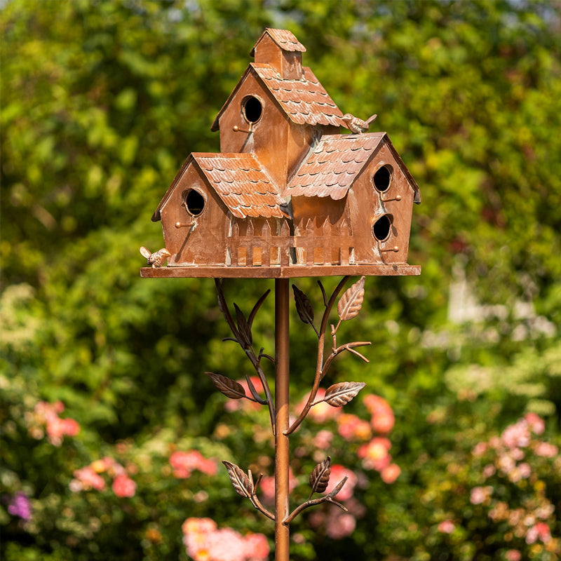 Metal Birdhouse Garden Stake Outdoor Yard Decor