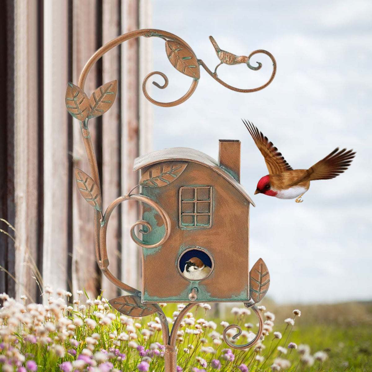 Metal Garden Birdhouse Stake Outdoor Decor