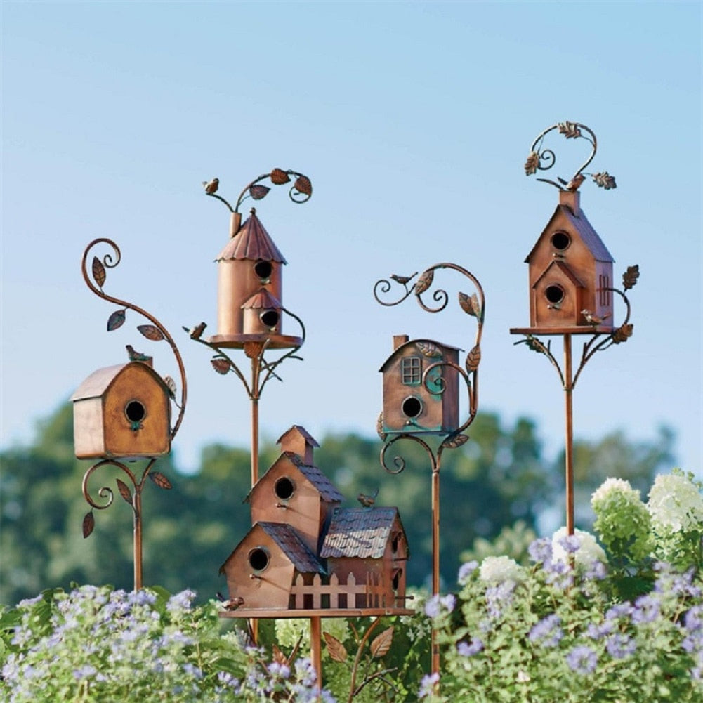Metal Garden Birdhouse Stake Outdoor Decor