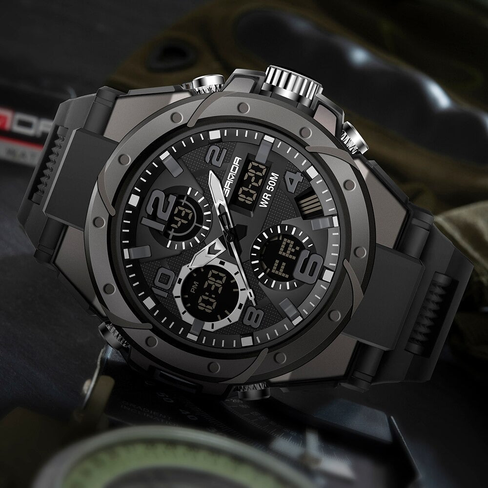Military Style Men's Analog Digital Watch with Multifunction Display