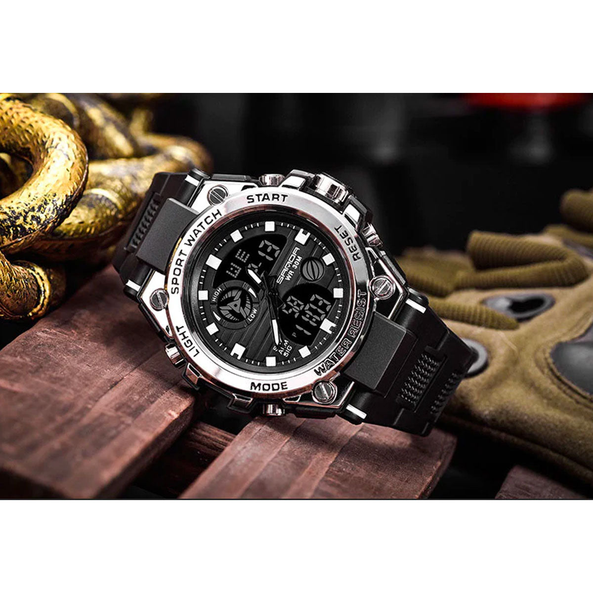 Military Style Men's Analog Digital Watch with Multifunction Display