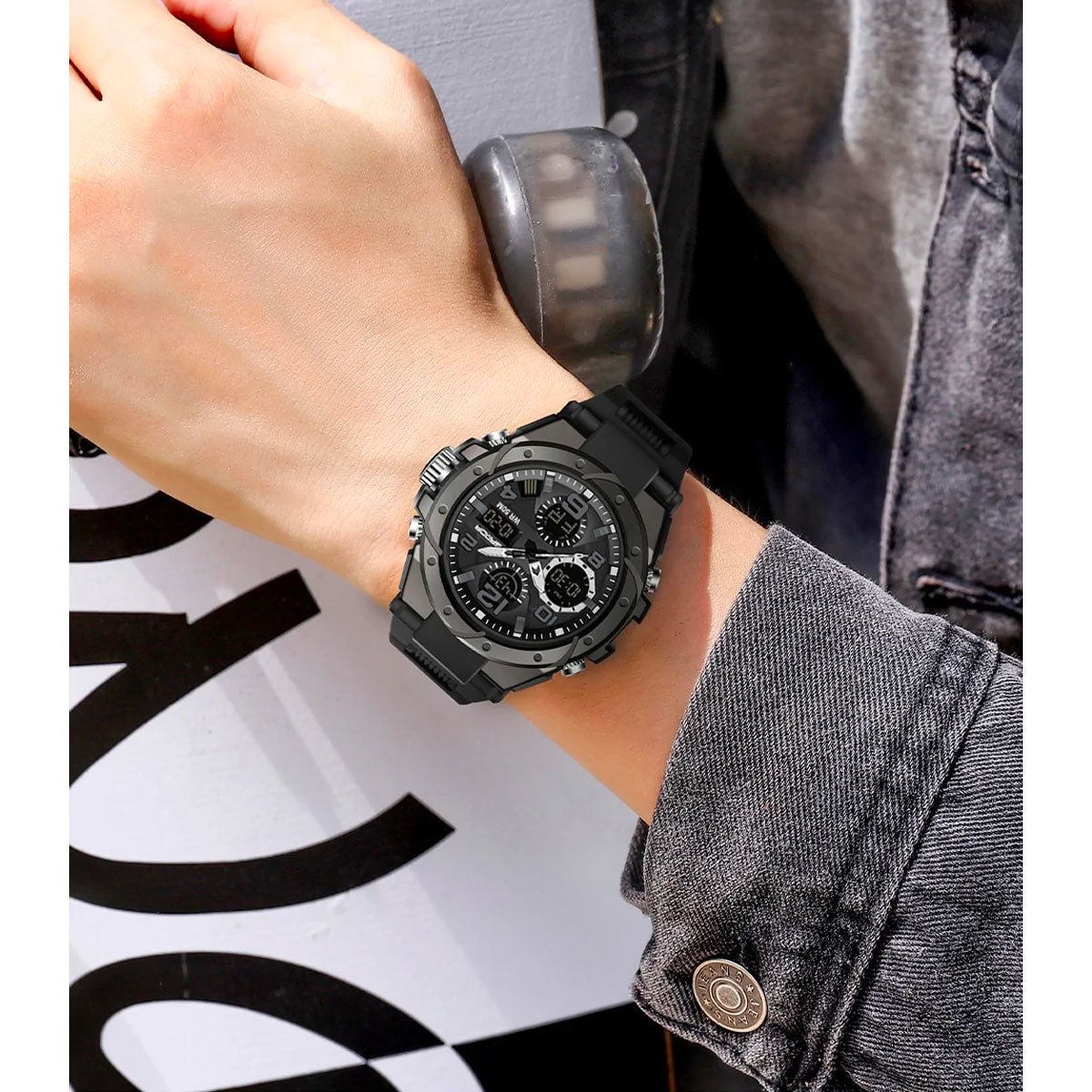 Military Style Men's Analog Digital Watch with Multifunction Display