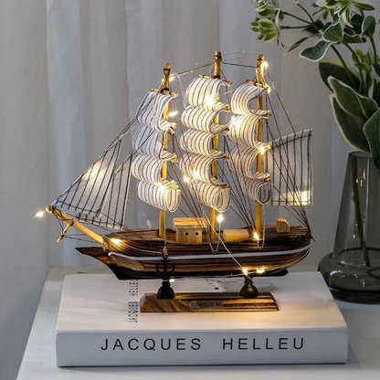 Nordic Wooden Sailboat LED Decorative Table Sculpture