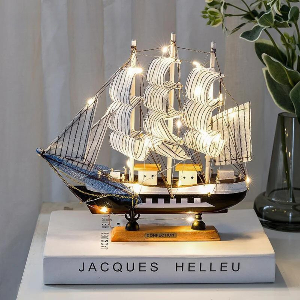 Nordic Wooden Sailboat LED Decorative Table Sculpture