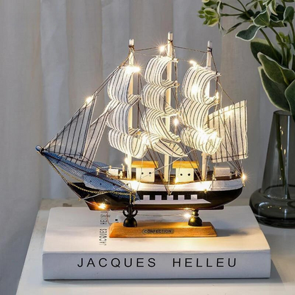 Nordic Wooden Sailboat LED Decorative Table Sculpture