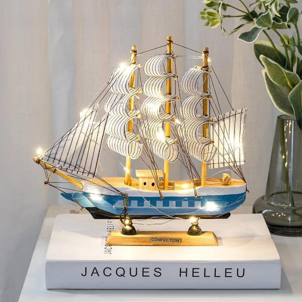 Nordic Wooden Sailboat LED Decorative Table Sculpture