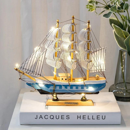 Nordic Wooden Sailboat LED Decorative Table Sculpture