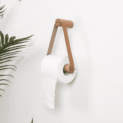 Oak Wood Toilet Paper Holder with Faux Leather Strap