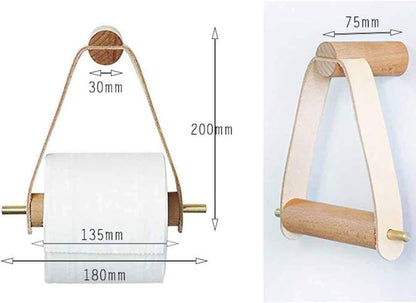Oak Wood Toilet Paper Holder with Faux Leather Strap