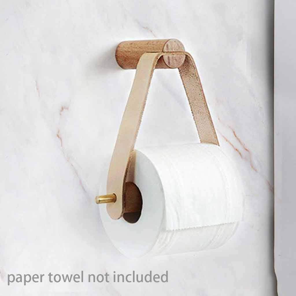 Oak Wood Toilet Paper Holder with Faux Leather Strap