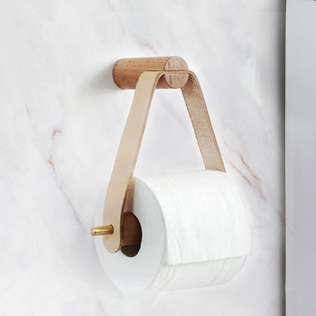 Oak Wood Toilet Paper Holder with Faux Leather Strap