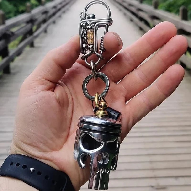 Piston Skull Keychain with Bottle Opener and Flashlight