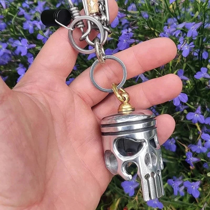 Piston Skull Keychain with Bottle Opener and Flashlight