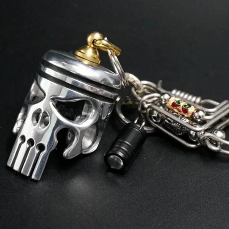 Piston Skull Keychain with Bottle Opener and Flashlight