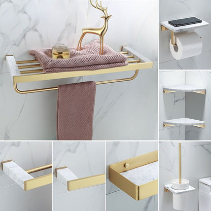 Polished Brass Bathroom Hardware Set with Marble Accent
