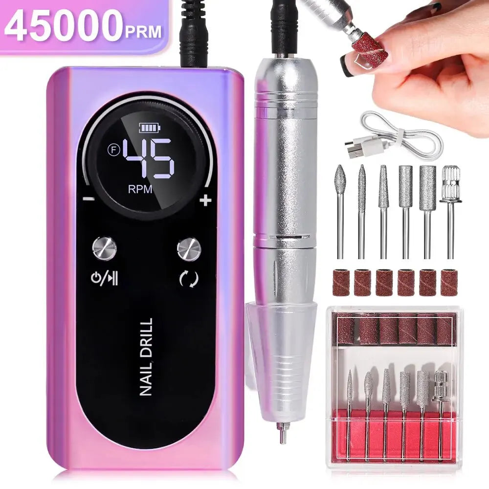 Portable Electric Nail File 45000RPM Rechargeable Low Noise Manicure Drill