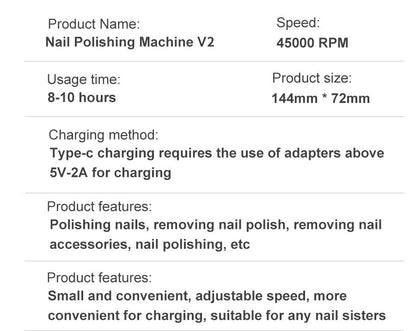 Portable Electric Nail File 45000RPM Rechargeable Low Noise Manicure Drill