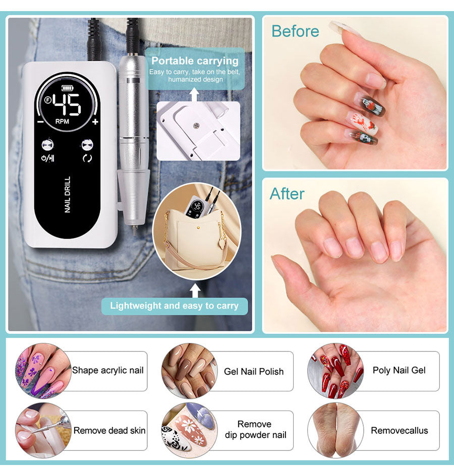 Portable Electric Nail File 45000RPM Rechargeable Low Noise Manicure Drill