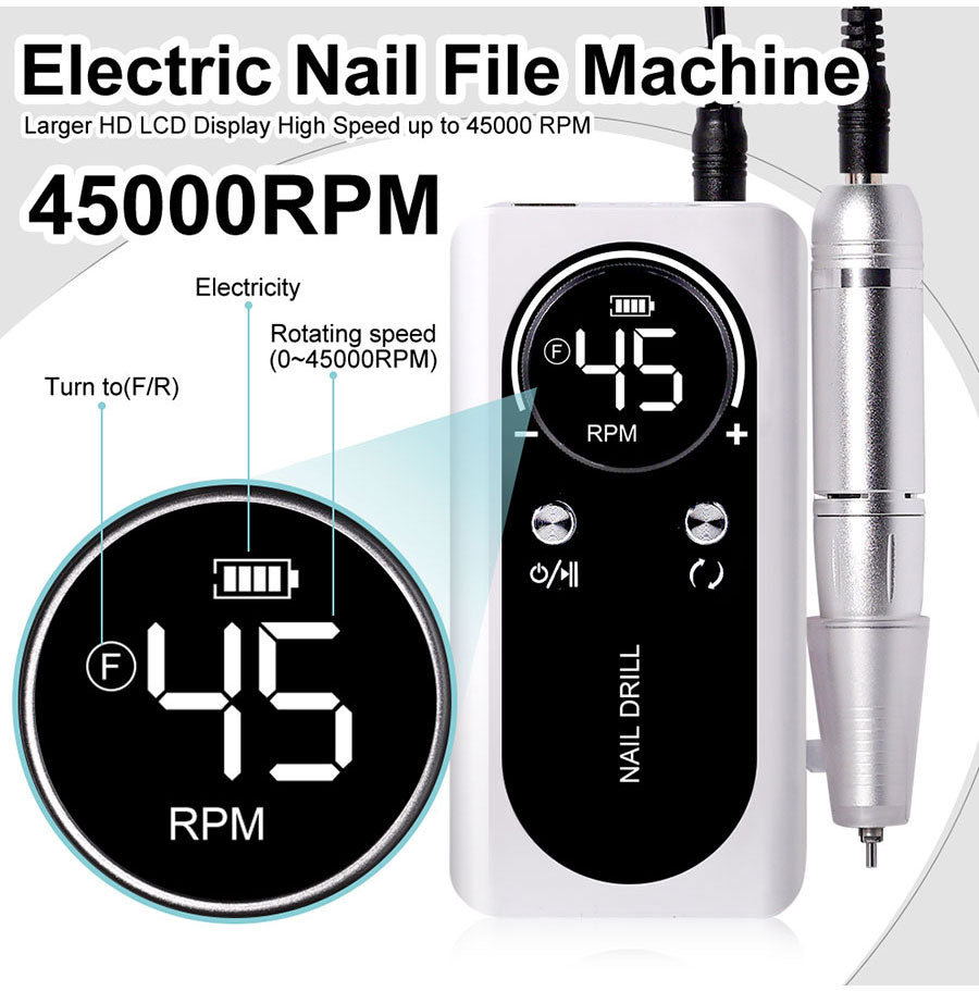 Portable Electric Nail File 45000RPM Rechargeable Low Noise Manicure Drill