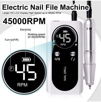 Portable Electric Nail File 45000RPM Rechargeable Low Noise Manicure Drill
