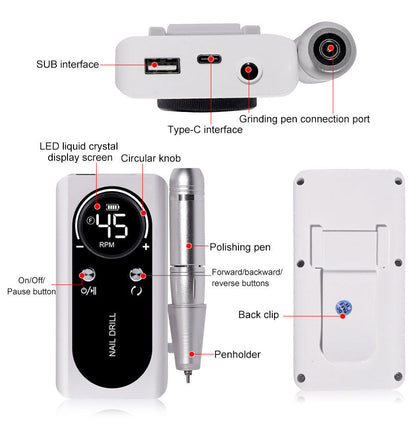 Portable Electric Nail File 45000RPM Rechargeable Low Noise Manicure Drill