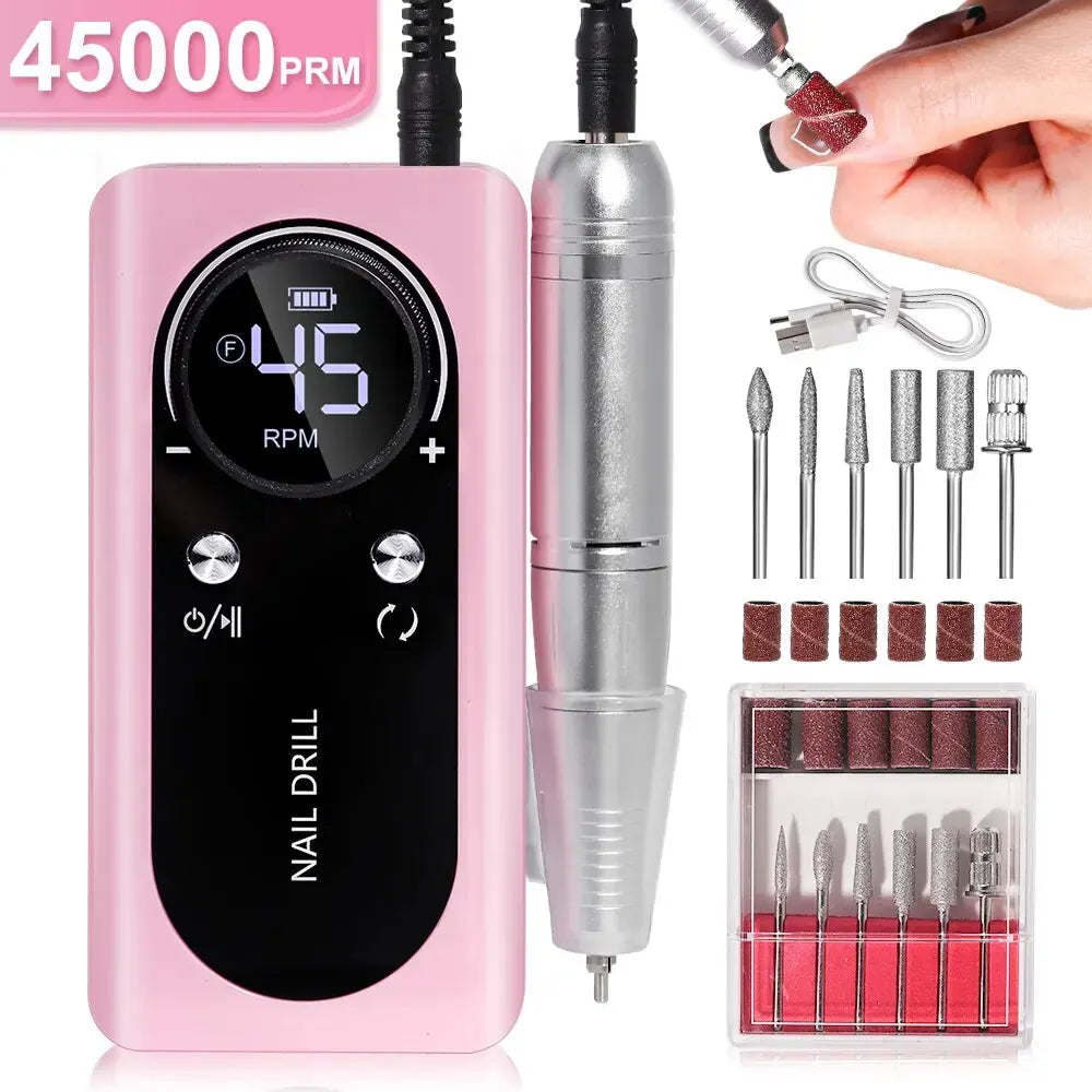 Portable Electric Nail File 45000RPM Rechargeable Low Noise Manicure Drill