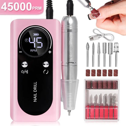 Portable Electric Nail File 45000RPM Rechargeable Low Noise Manicure Drill