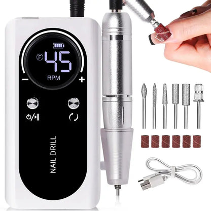 Portable Electric Nail File 45000RPM Rechargeable Low Noise Manicure Drill
