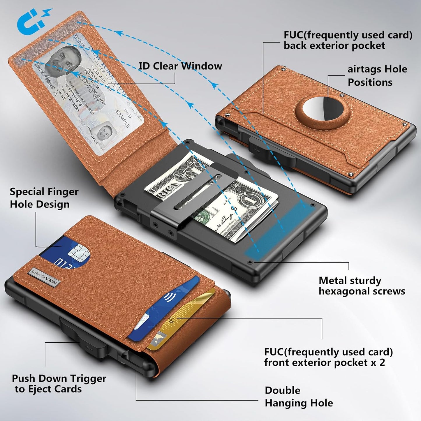 RFID AirTag Wallet Pop Up Card Holder Leather Money Clip