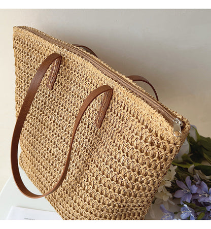 Rattan Woven Tote Bag with Leather Straps for Beach and Everyday Use