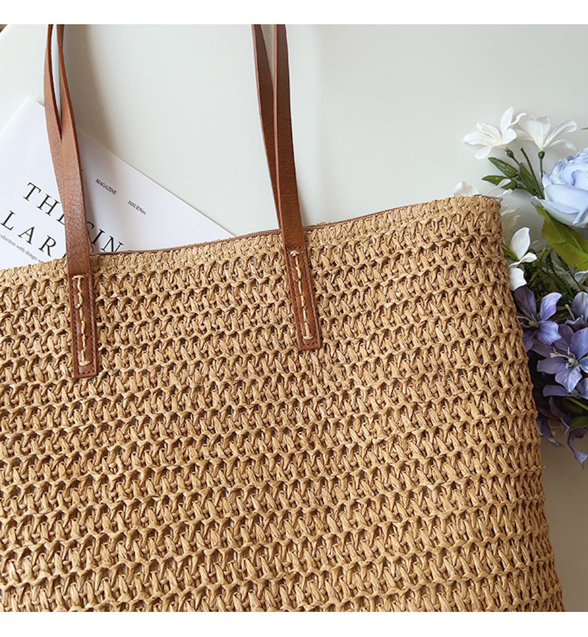 Rattan Woven Tote Bag with Leather Straps for Beach and Everyday Use