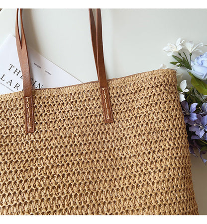 Rattan Woven Tote Bag with Leather Straps for Beach and Everyday Use