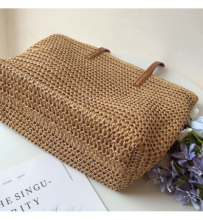 Rattan Woven Tote Bag with Leather Straps for Beach and Everyday Use
