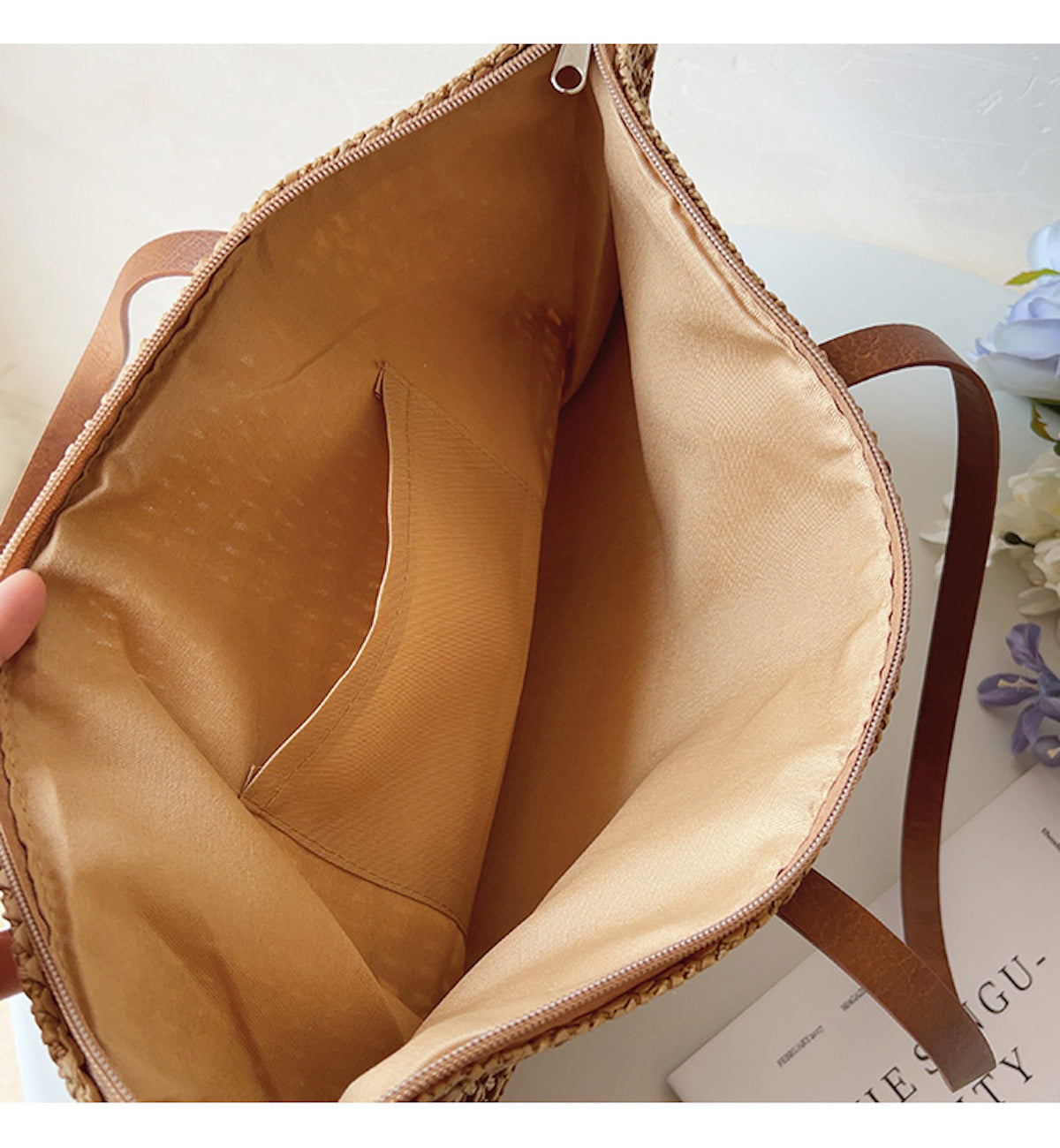 Rattan Woven Tote Bag with Leather Straps for Beach and Everyday Use
