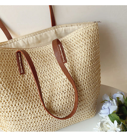 Rattan Woven Tote Bag with Leather Straps for Beach and Everyday Use