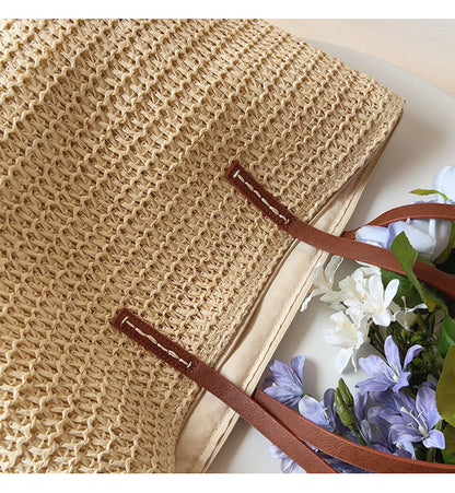Rattan Woven Tote Bag with Leather Straps for Beach and Everyday Use