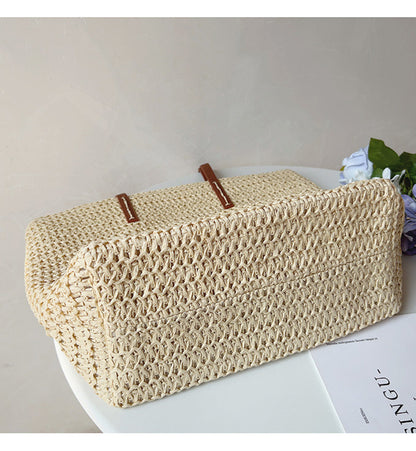 Rattan Woven Tote Bag with Leather Straps for Beach and Everyday Use