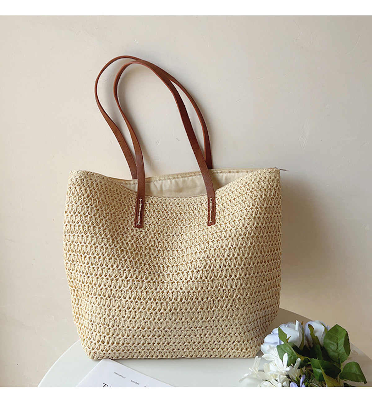 Rattan Woven Tote Bag with Leather Straps for Beach and Everyday Use