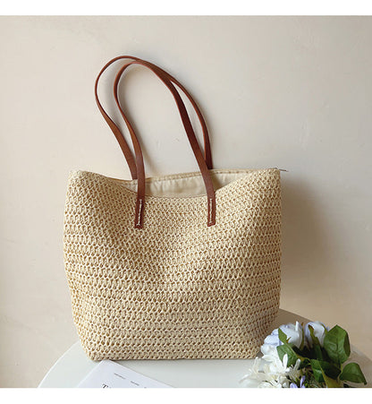 Rattan Woven Tote Bag with Leather Straps for Beach and Everyday Use