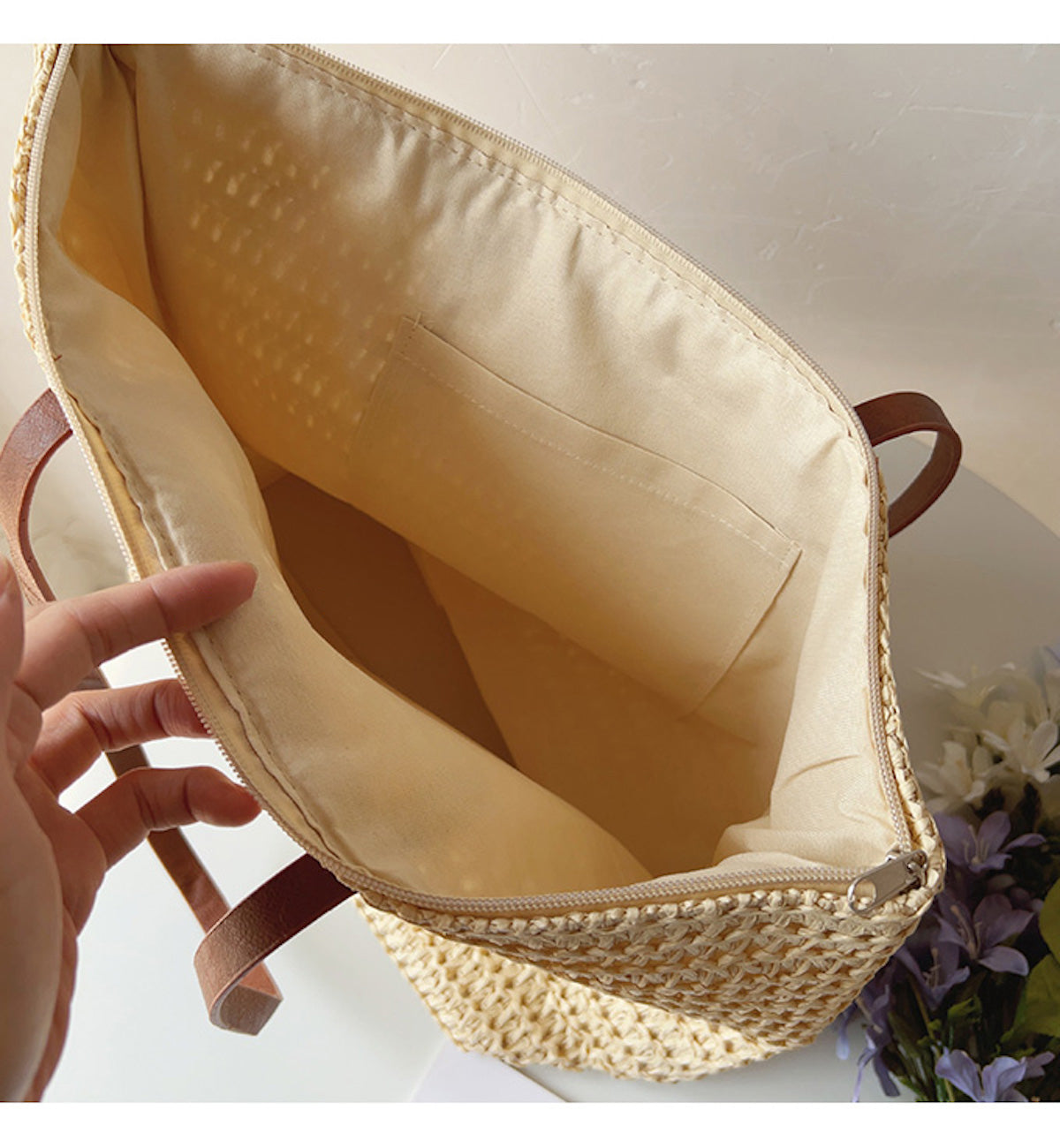 Rattan Woven Tote Bag with Leather Straps for Beach and Everyday Use