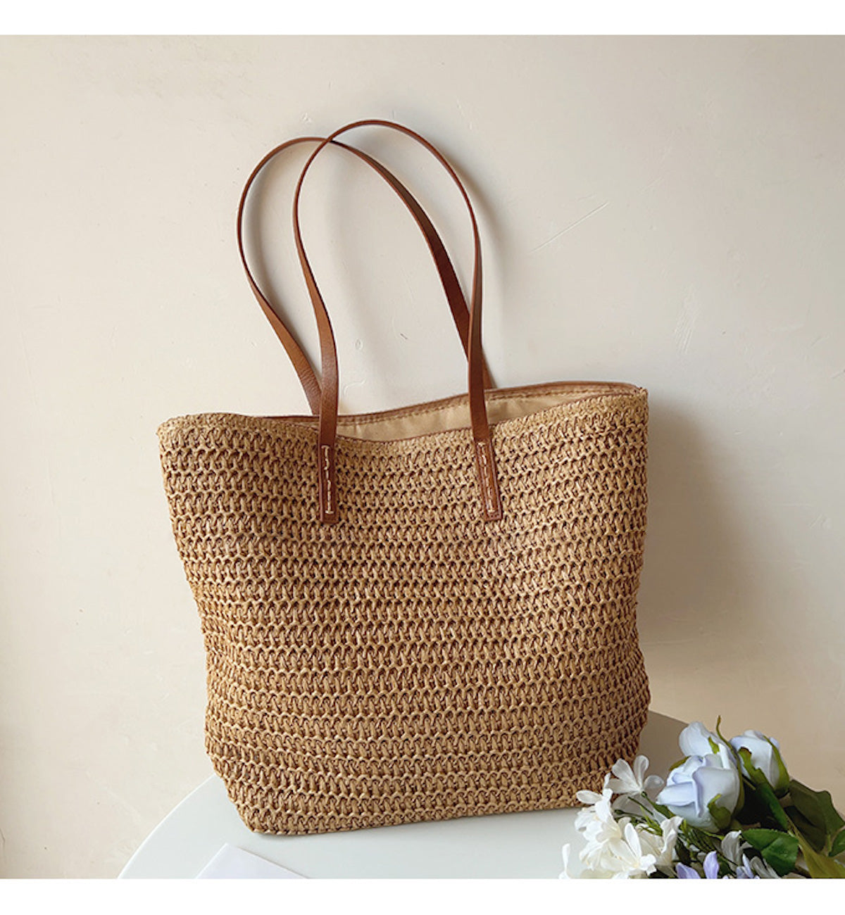 Rattan Woven Tote Bag with Leather Straps for Beach and Everyday Use