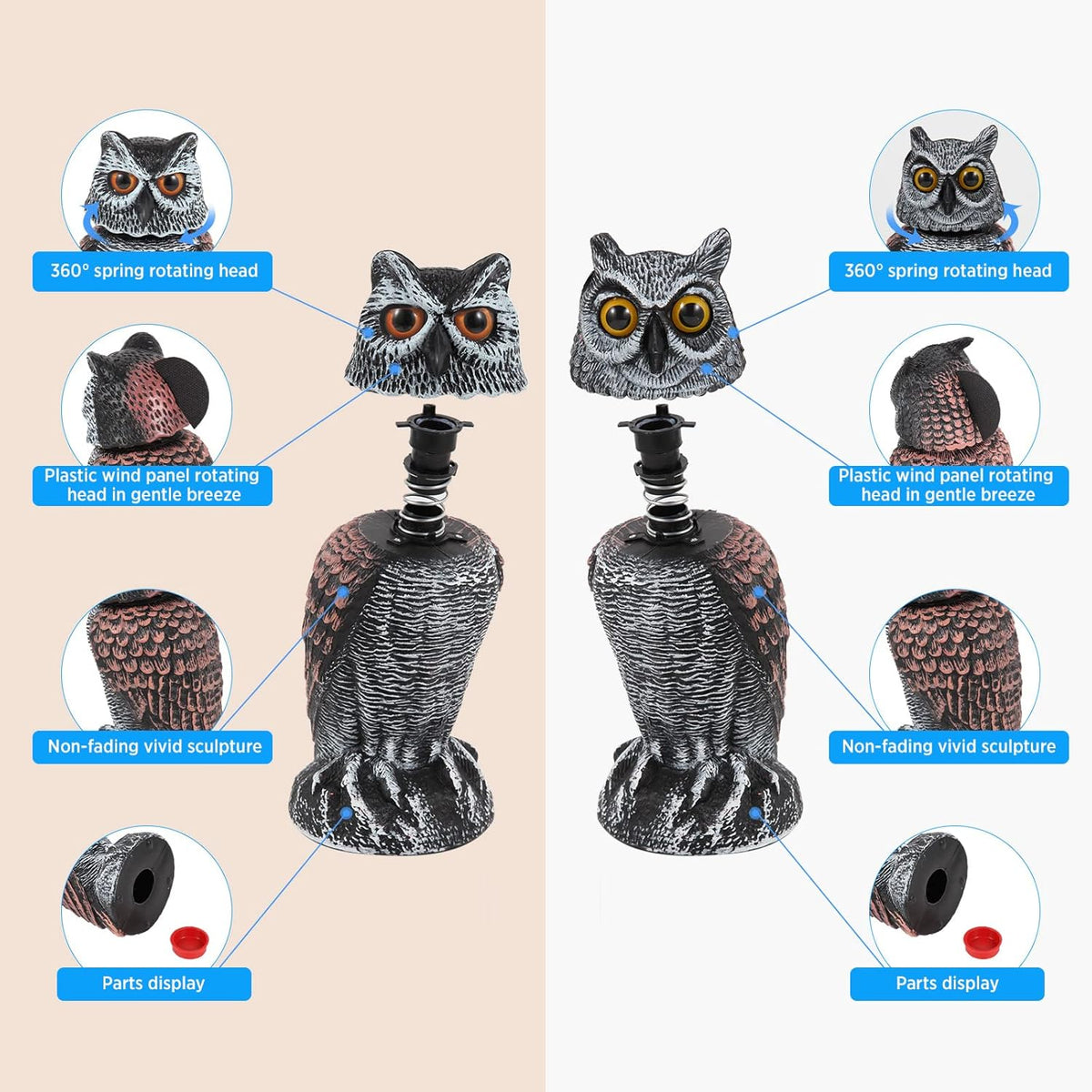 Realistic Rotating Owl Decoy Bird Repellent 2 Pack
