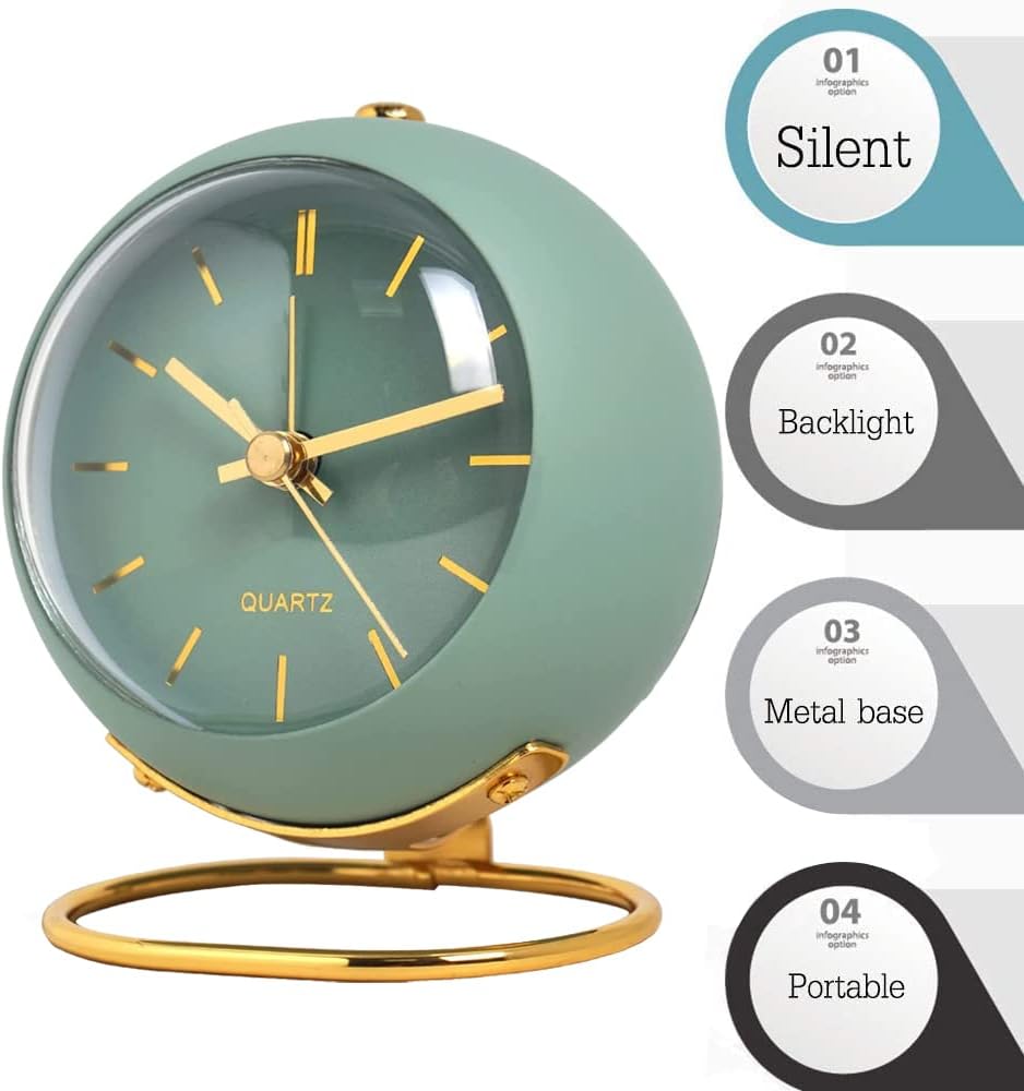 Retro Analog Alarm Clock with Silent Non-Ticking Movement
