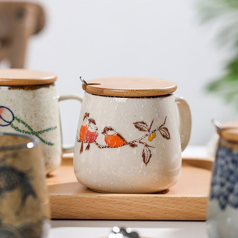 Retro Handmade Ceramic Coffee Cup with Lid