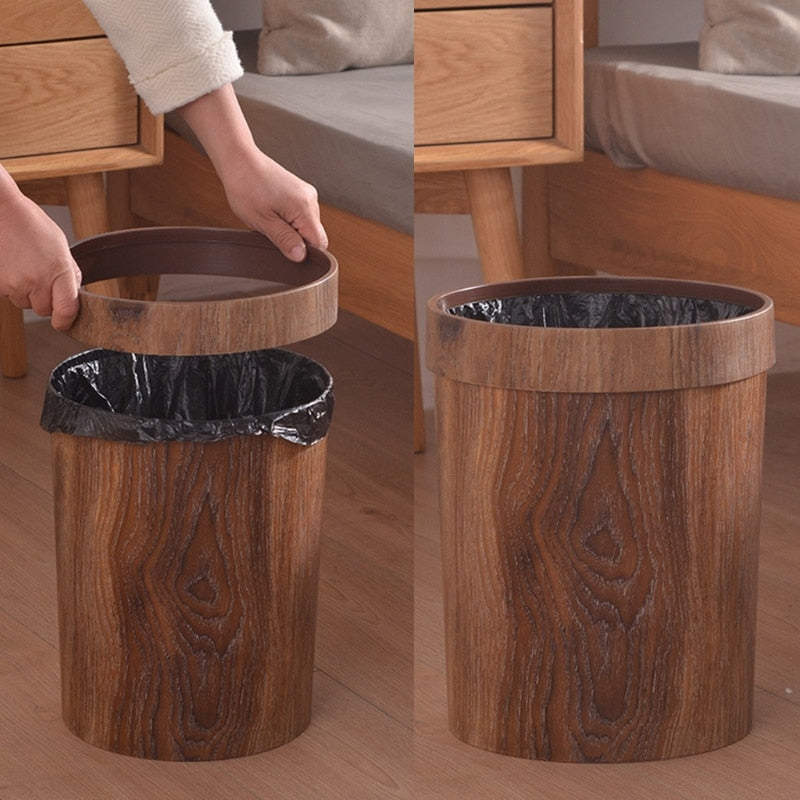 Retro Wood Grain Plastic Trash Can 8L