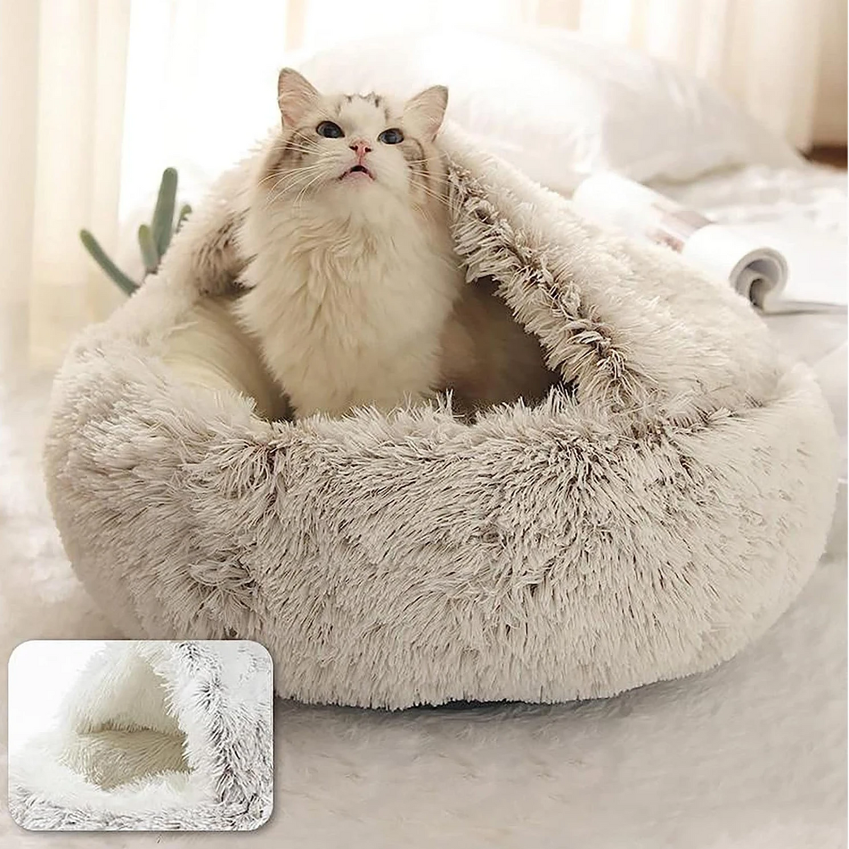 Round Cozy Cave Dog Bed with Soft Calming Cushion