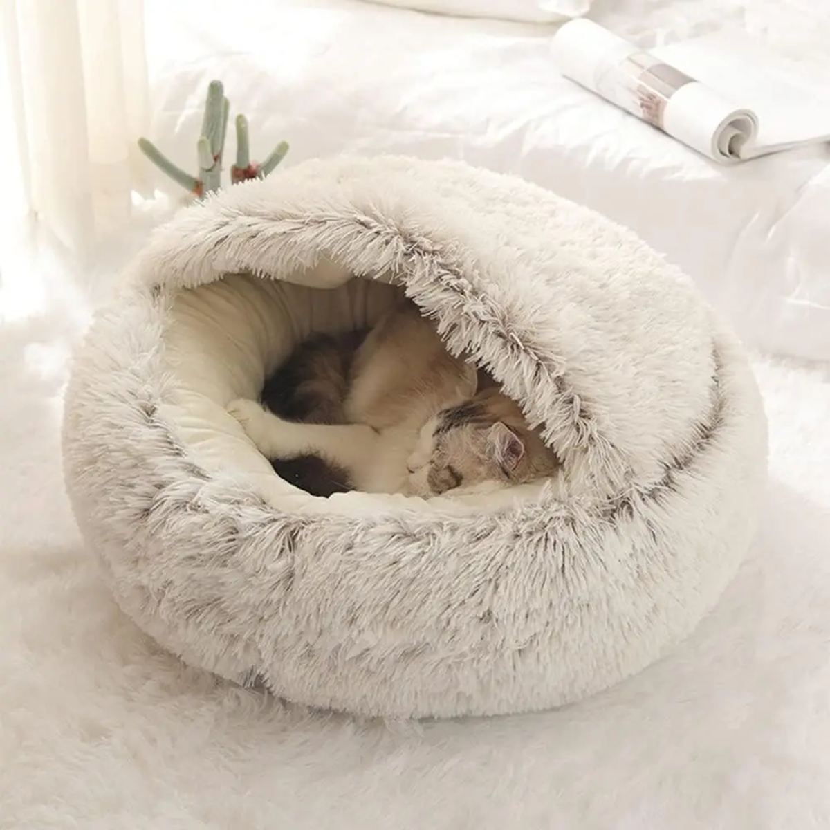 Round Cozy Cave Dog Bed with Soft Calming Cushion