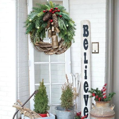 Rustic Boho Christmas Wreath Pinecone Bell Front Door Decor