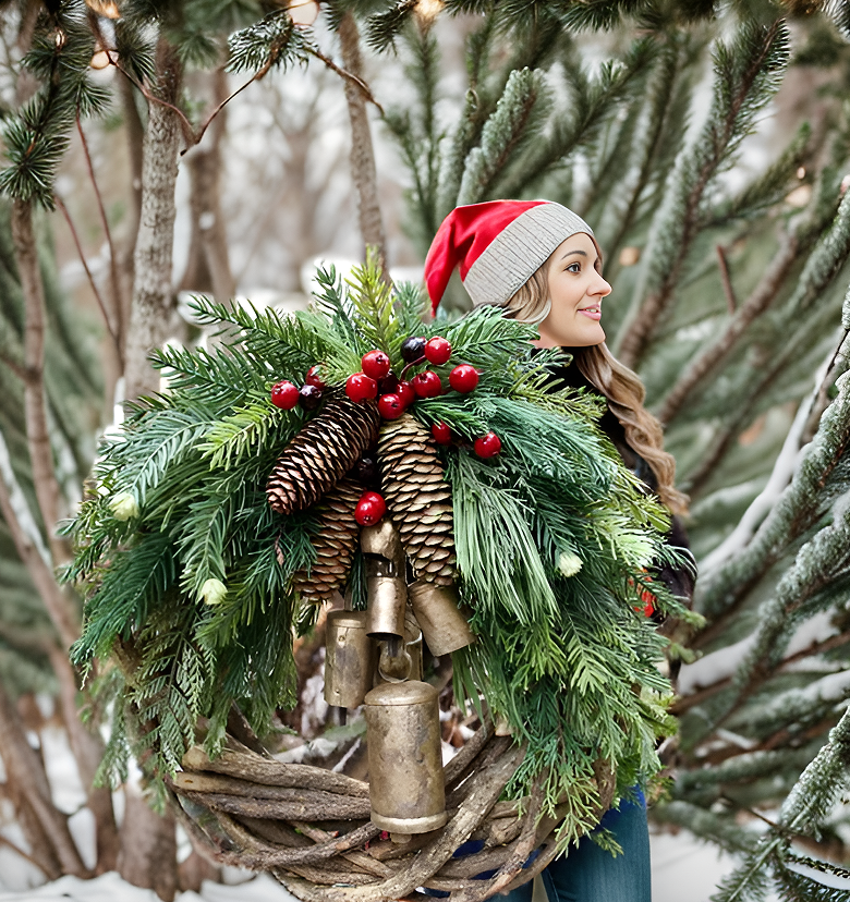 Rustic Boho Christmas Wreath Pinecone Bell Front Door Decor